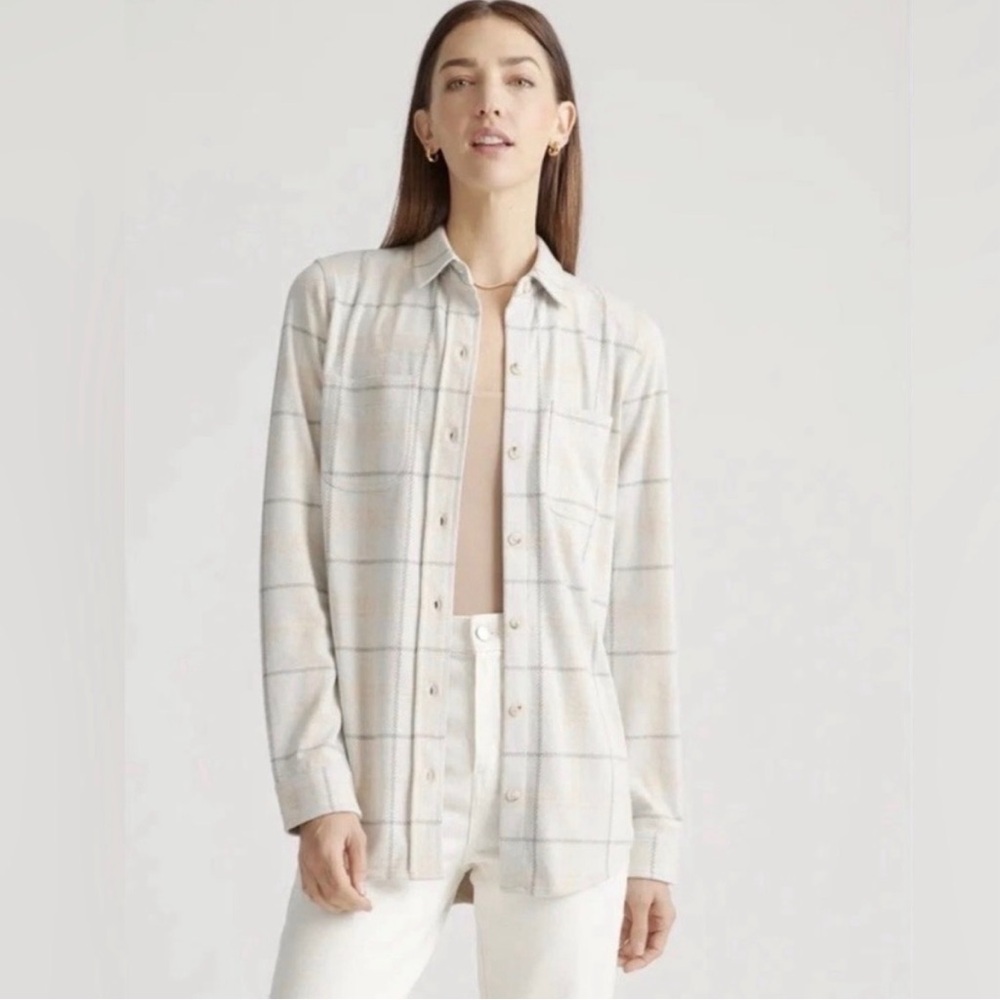 Quince Women's Buttoned Down Sweater Stretch Knit Plaid Fleece Shirt